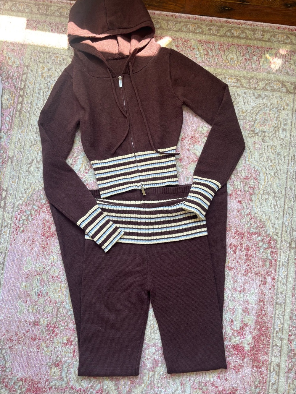 NWOT \\ striped sweater knit zip-up hoodie + foldover flares set